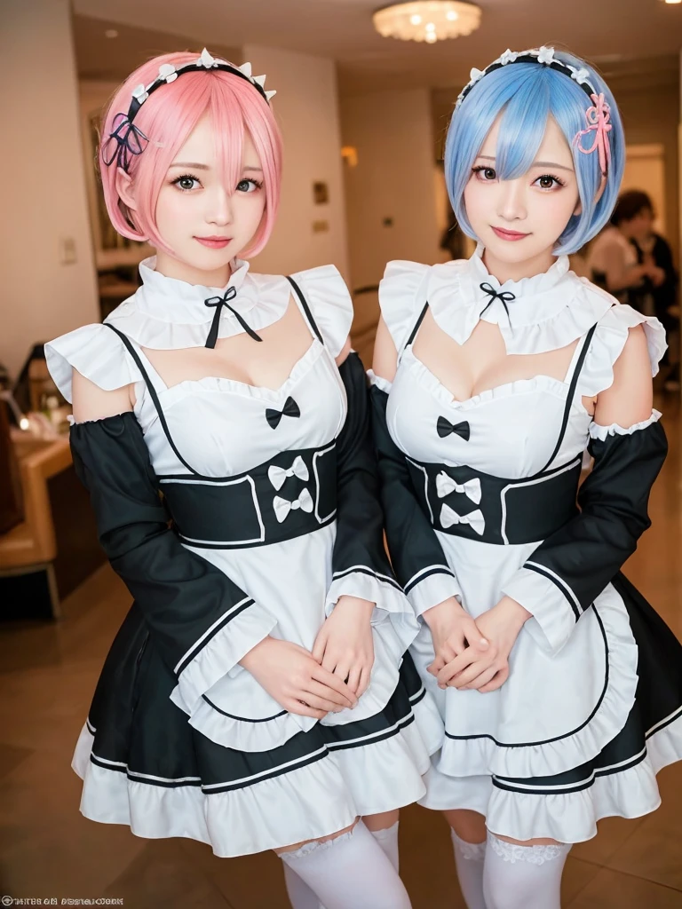 Accurate depiction with high resolution,(8K, Photorealistic, Raw photo, of the highest quality: 1.3), (1girl in), Super beautiful, (Realistic face), (boyish, pink Color Berry Shorthair), Beautiful , Glare that captivates the viewer, Beautiful expression, Beautiful breasts, (Realistic skin), Be...Create a detailed and colorful image of Ram and Rem from Re:Zero, standing back-to-back in their maid outfits, with a magical fantasy background、14years old, two girls,cute, perfect face, beautiful, nice body, gothic lolita clothes, gothic lolita fashion, frilly skirt, headdress, necklace, bracelet, knee-high socks, boots, double eyelids, tear bags, Detailed down to the fingers, photo-like description, indoors, dim indoor lighting, one girl is pink hair and short bob, another girl is light blue hair and short bob,standing,whole body, composition that shows the whole body, smiling,The Both of them are wearing the same type of maid outfit,Optimal ratio of 4 fingers and 1 thumb,walking