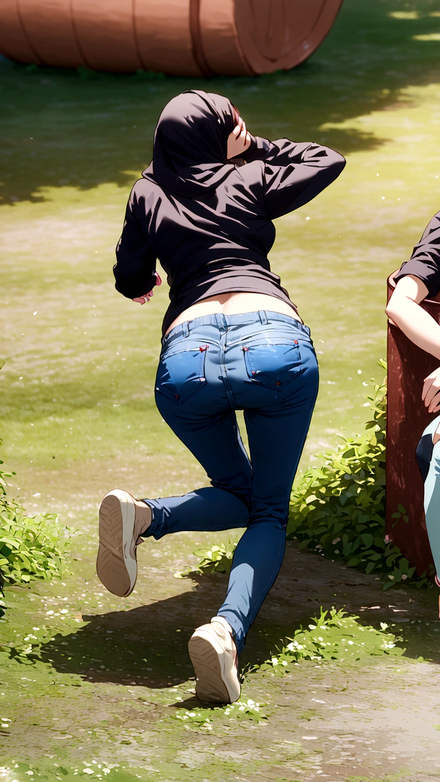 Girl wearing Hijab & shirt, her black low rise jeans slipping down, her hands on her head, focus on her belly, close view