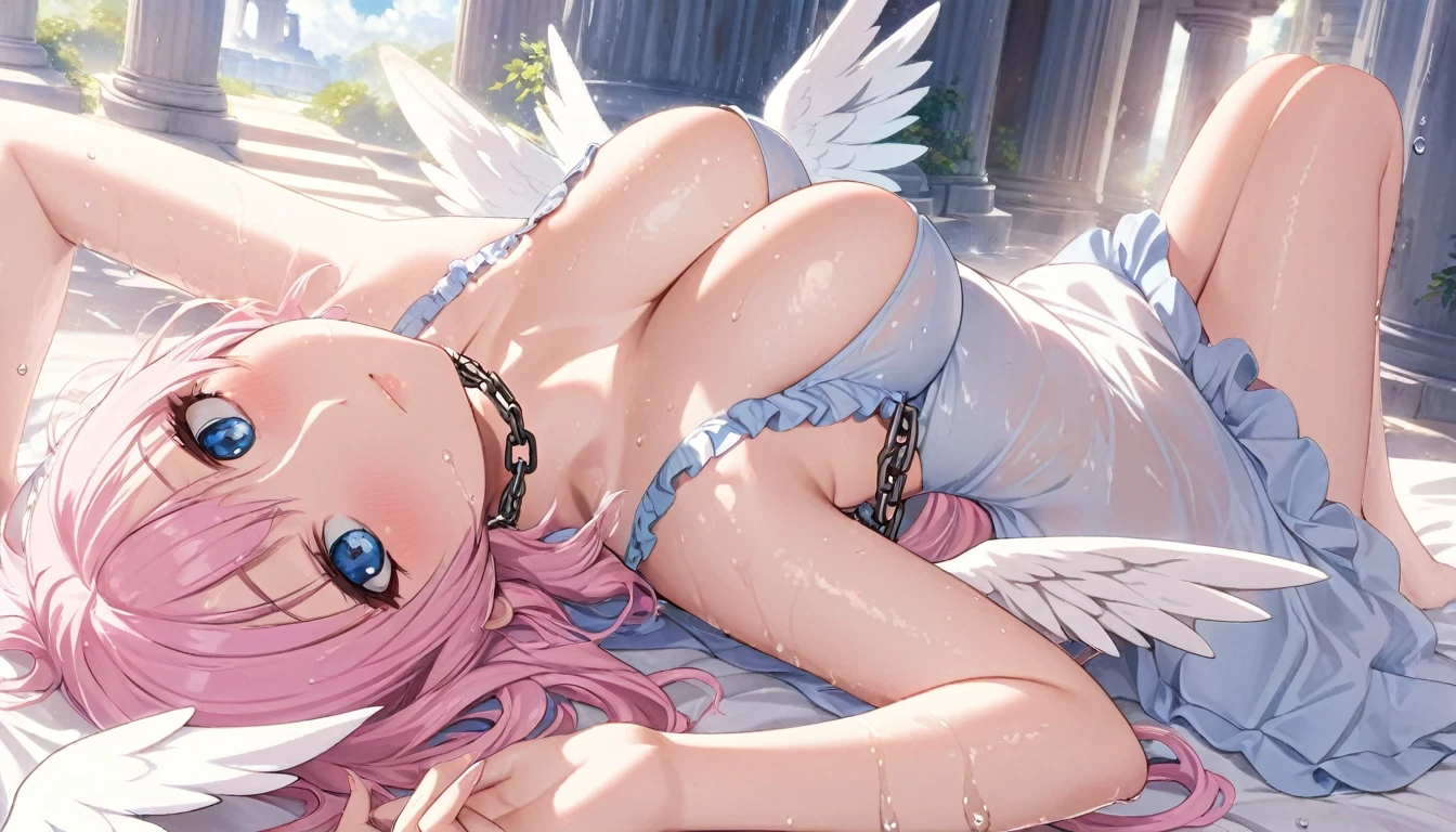 Create an ultra-high-definition (8K) image of a beautiful anime girl with pink and blue hair lying on a bed. She has large blue eyes, delicate facial features, and a soft, inviting expression. Her hair cascades around her, glistening as if wet. She wears a revealing, slightly wet white and blue outfit with frills, accentuating her voluptuous figure. Angel wings sprout from her back, adding a celestial aura. She's chained, with the chain looped around her neck, giving a sense of vulnerability. The setting is a sunlit, tranquil outdoor scene with lush greenery and ancient pillars in the background, creating a serene and slightly mysterious atmosphere. The image should be highly detailed, capturing the play of light and shadow on her skin, the intricate design of her outfit, and the texture of her wings. Aim for a realistic yet fantastical style, emphasizing both her beauty and the enchanting environment. Very big breast, wet body, wet breast.