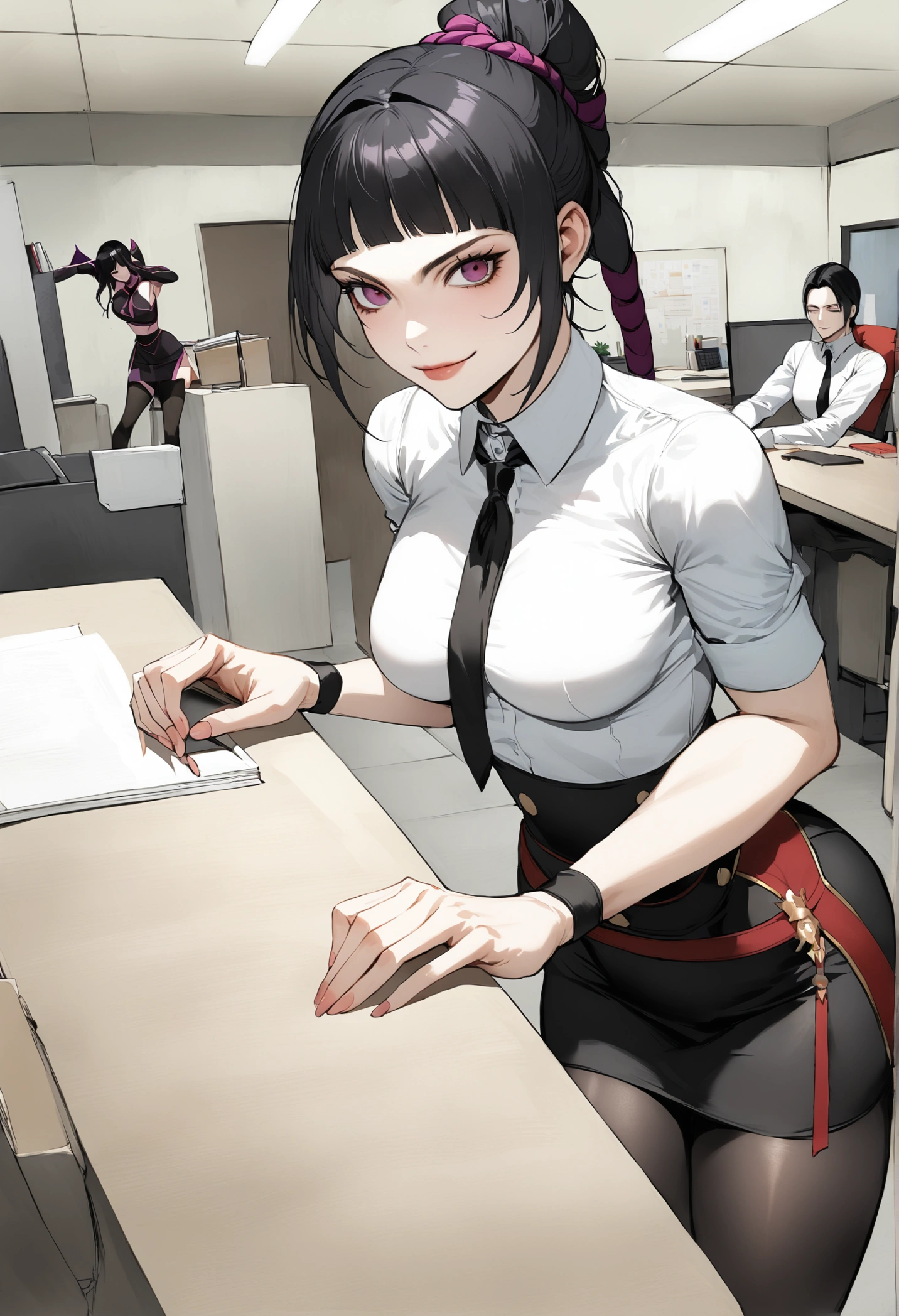 juri han, work of art, tight white secretary shirt with black tie, black high waist skirt, short skirt,stocking, black hair, black tights smile evil,office,franja nos olhos,iluminação,chifre de cabelos,visão de cima,olhando para cima