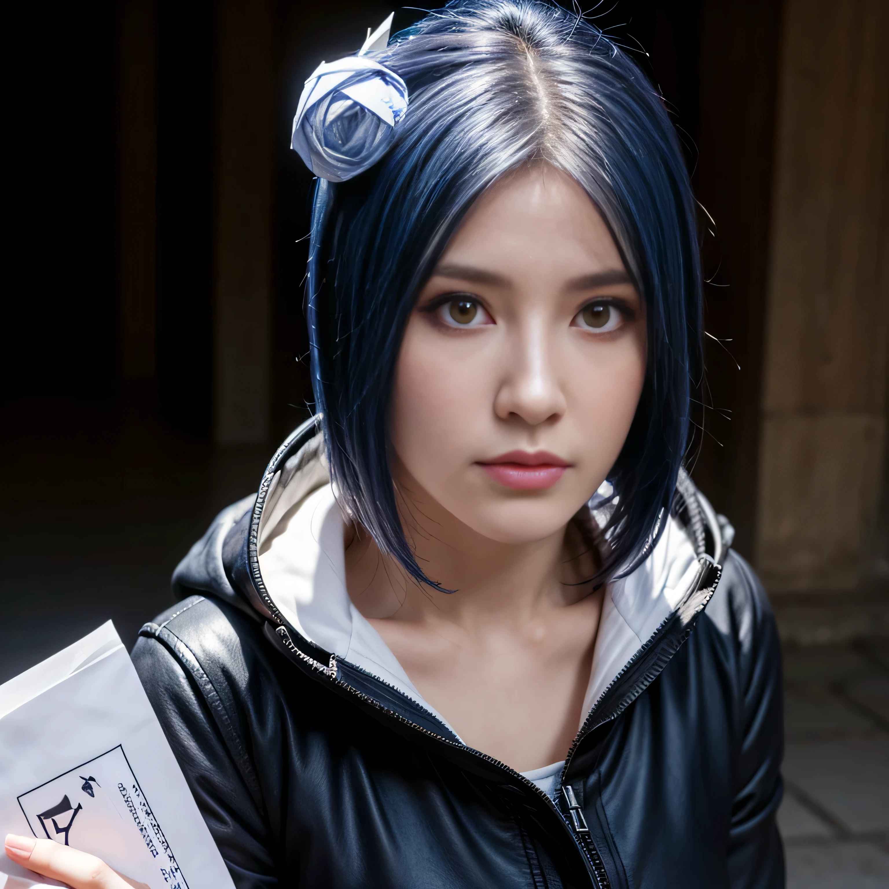 (((Akatsuki outfit,Xiao clothing, ninja, black cloak,black coat, (((heavy,the woman \(naruto\),the woman, blue hair, Orange pupils, short hair, hair ornament, flower, hair flower, ))),(((wide hips))),S-shaped body:1.7))),((masterpiece)),high resolution, ((Best quality at best)),masterpiece,quality,Best quality,((( Exquisite facial features,looking at the audience,There is light in the eyes,shy,blush,pain,endure ))),(((Light and shadow interlace,super gigantic ,cleavage))),(((looking into camera,white paper airplane,white paper,Hands hidden in sleeves)))photorealistic, masterpiece, photorealistic, high resolution, soft light, hips up, amber eyes, blue hair, short hair, Byakugou Seal, Intricate details EABA, cloaks, Ninja, Konan, Akatsuki outfit
