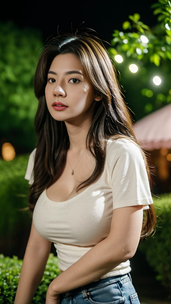 a beautiful woman, giant colossal breasts, wavy brown hair, casual white tight shirt with u-neck short-sleeve and jeans shorts, standing and open feet, front view, detailed eyes and detailed face, realistic, photo realistic, potrait, night at the garden, cinematic lighting, cinematic, depth of field, blur, bokeh