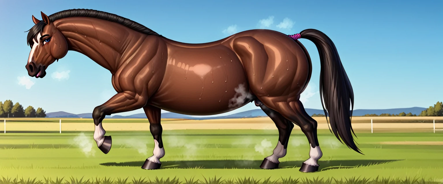 a very full figured very black skinned nude African woman riding a big Belgian draft horse mare (side view). big bum. very short tail. horse facing horizon . flat grass meadow. steaming horse dung behind horse. cloudless blue sky.