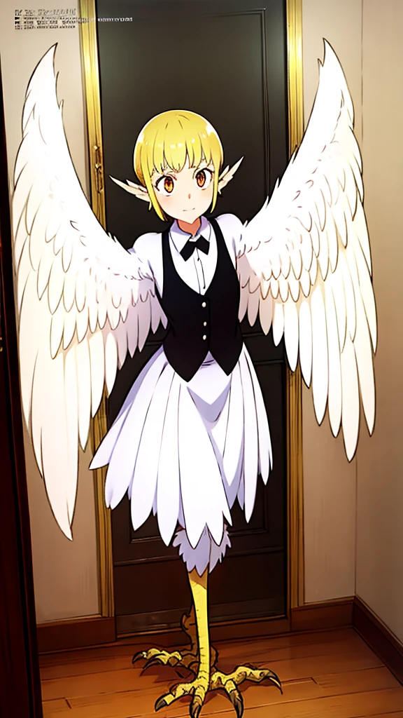 1girl,20s,happy,white shirt,black standard tie,short sleeves,white school skirt,short hair,blonde hair,pointy ears,((harpy,harpy wings)),