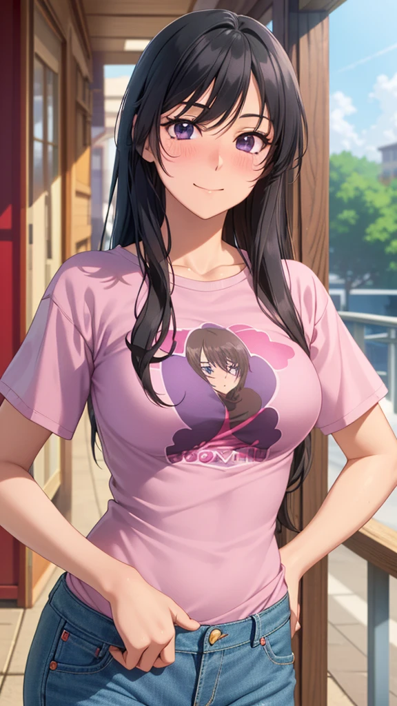 ((masterpiece, highest quality, High resolution, UHD, perfect pixel, Depth of bounds written, 4K, rtx, HDR))), 1 girl, single, alone, beautiful anime girl, beautiful art style, anime character, ((long hair, blunt bangs, black hair)), ((purple eyes:1.4, round eyes, realistic eyes)), ((eyelash, ultra-detailed eyelash, smooth eyelash)), ((detailed face, blush:1.2)), ((smooth texture:0.75, realistic texture:0.65, realistic:1.1, Anime CG style)), medium breasts, dynamic angle, perfect body, ((stand, Hands on hips )), ((T shirt, Long Levis pants)), smile, open your mouth, Room, (()), Natural light, bright sky, sunlight