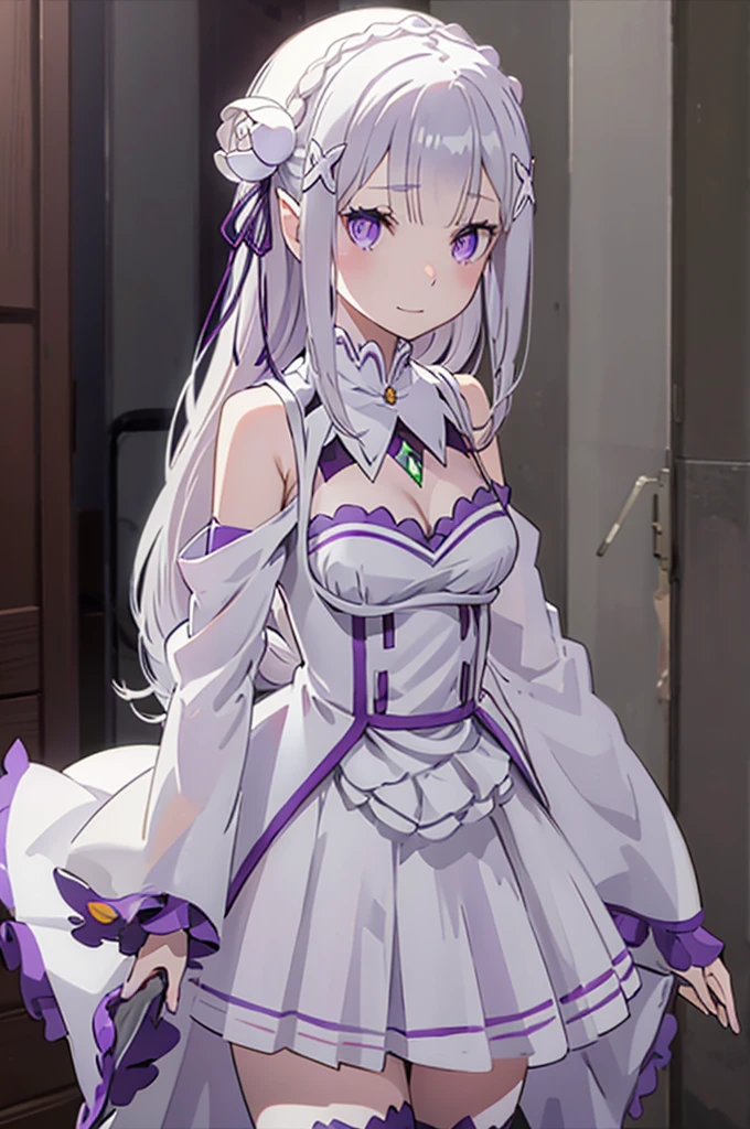 emilia,
Rezero emilia,
1girl,
best illustration, masterpiece, best quality, (anime screencap:0.9), (official art:0.7),
perfect anatomy, nice hands, perfect hands, BREAK long hair, low-tied long hair, braid, crown braid,
white hair,
(purple eyes:1.2), (beautiful detailed eyes:1.6),
looking at viewer,
pointy ears,
BREAK smile,
dress, pink dress, BREAK bare shoulders, detached collar, long sleeves, shoulder cutout, wide sleeves, white sleeves,
medium breasts,
zettai ryouiki,
flower, hair flower, hair ornament, hair ribbon, white flower, x hair ornament,
cowboy shot ,
perfect lighting,
background of indoor,