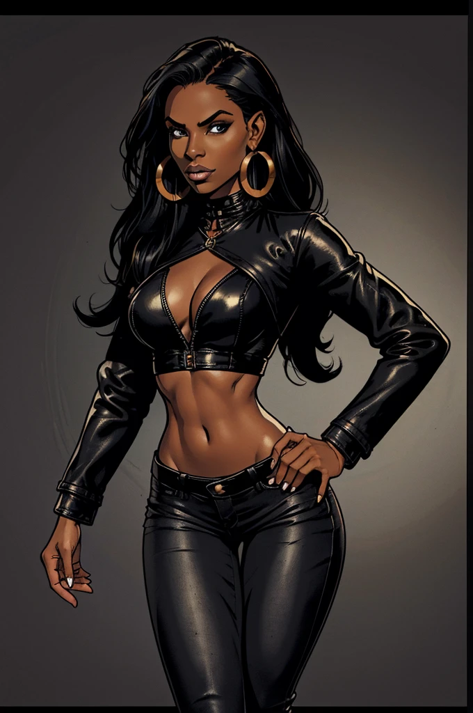 1 female, dark skin, slanty eyes, loop earings, long black straight hair, skimpy dress, black leather jacket crop top, Tight jeans, slim waist, hourglass figure, fiesty look, Masterpiece, 4k, University background.
