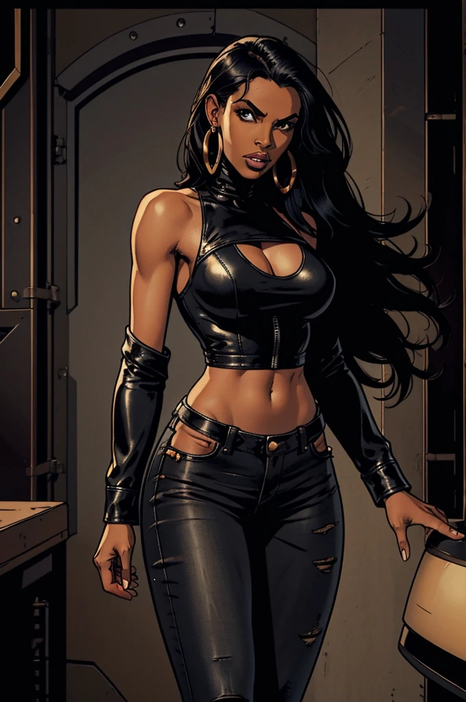 1 female, dark skin, slanty eyes, loop earings, long black straight hair, skimpy dress, black leather jacket crop top, Tight jeans, slim waist, hourglass figure, fiesty look, Masterpiece, 4k, University background.
