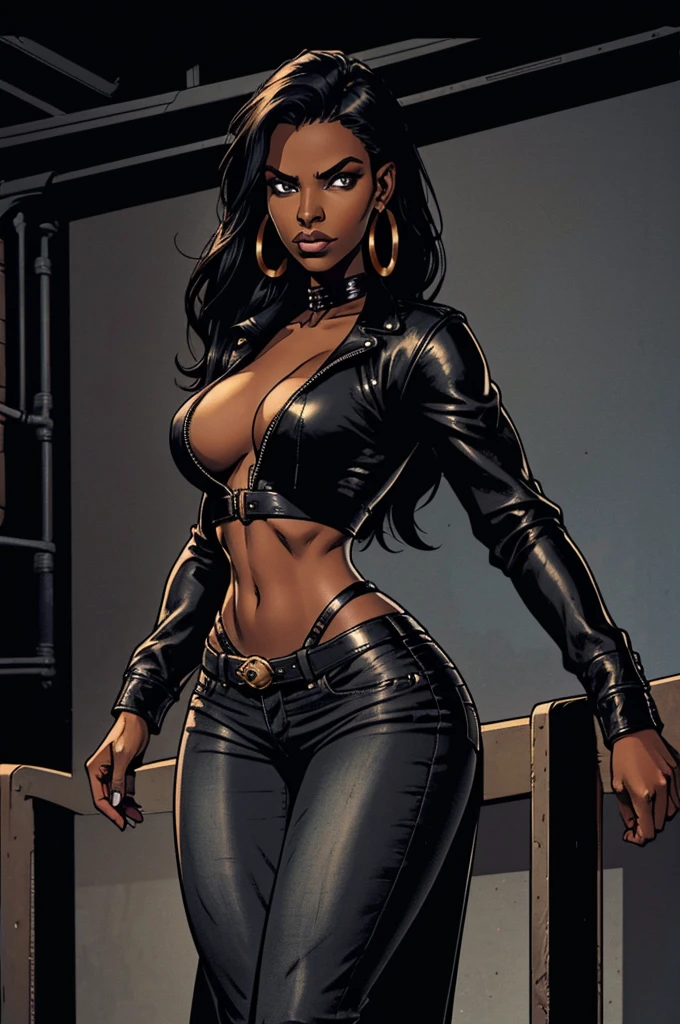 1 female, dark skin, slanty eyes, loop earings, long black straight hair, skimpy dress, black leather jacket crop top, Tight jeans, slim waist, hourglass figure, fiesty look, Masterpiece, 4k, University background.