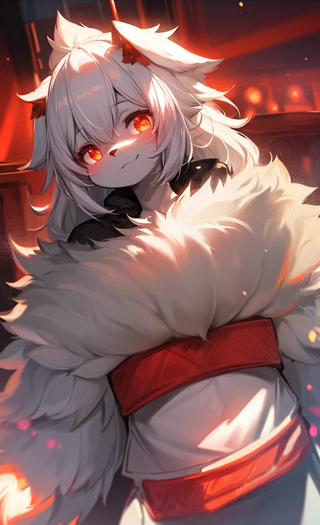 furry, white fur, ultra cute face, red elements on fur, glowing t-shrt, beautiful lights and shadows, ambient light, ultra detailed fur, volumetric light