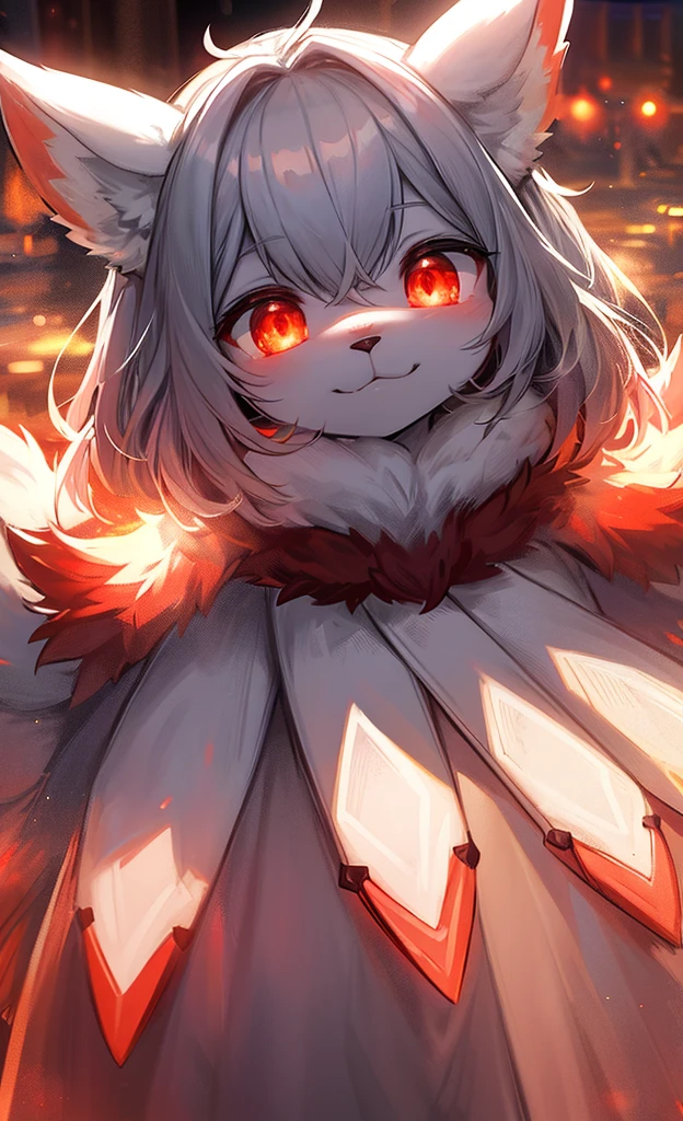 furry, white fur, ultra cute face, red elements on fur, glowing t-shrt, beautiful lights and shadows, ambient light, ultra detailed fur, volumetric light