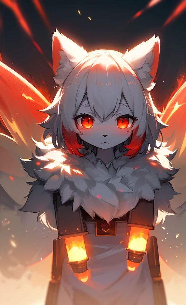 furry, white fur, ultra cute face, red elements on fur, glowing t-shrt, beautiful lights and shadows, ambient light, ultra detailed fur, volumetric light