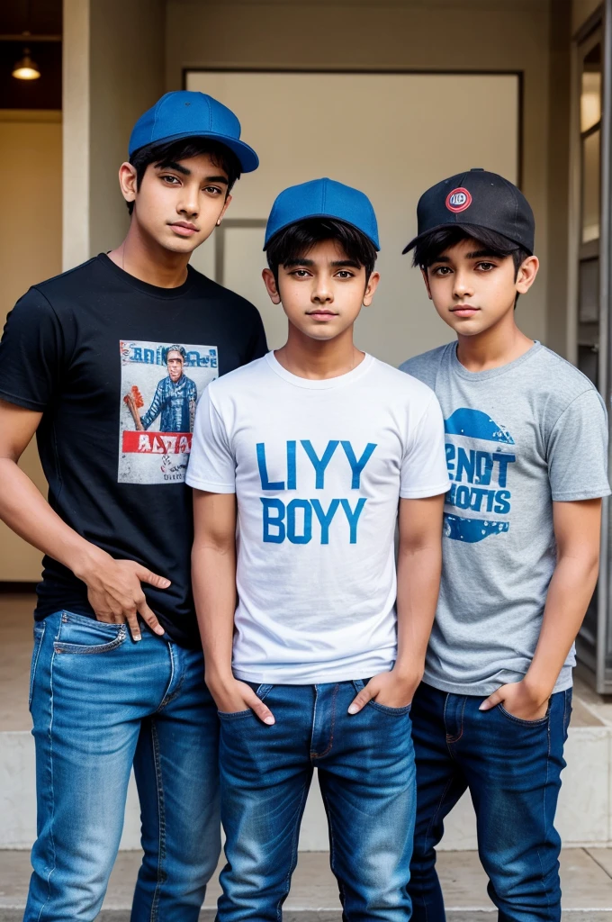 Four adult boys. wear a tshirt and jeans cap also.and there names in there tshirt. First boy name is lucky second boy name is Vishal third boy name is marks and fourth boy name is oggy
