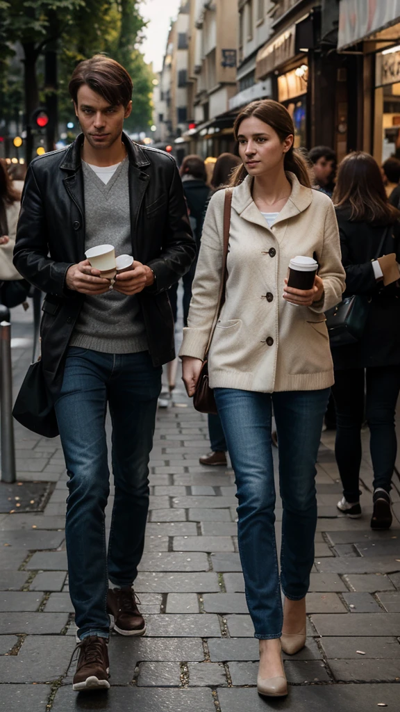 Generate an ultra realistic shot of one 25 years old french girl and one 30 years old german boy, both have drinking paper cup coffee in their hands and walking in crowded street in paris, professional photography, cinematic shot