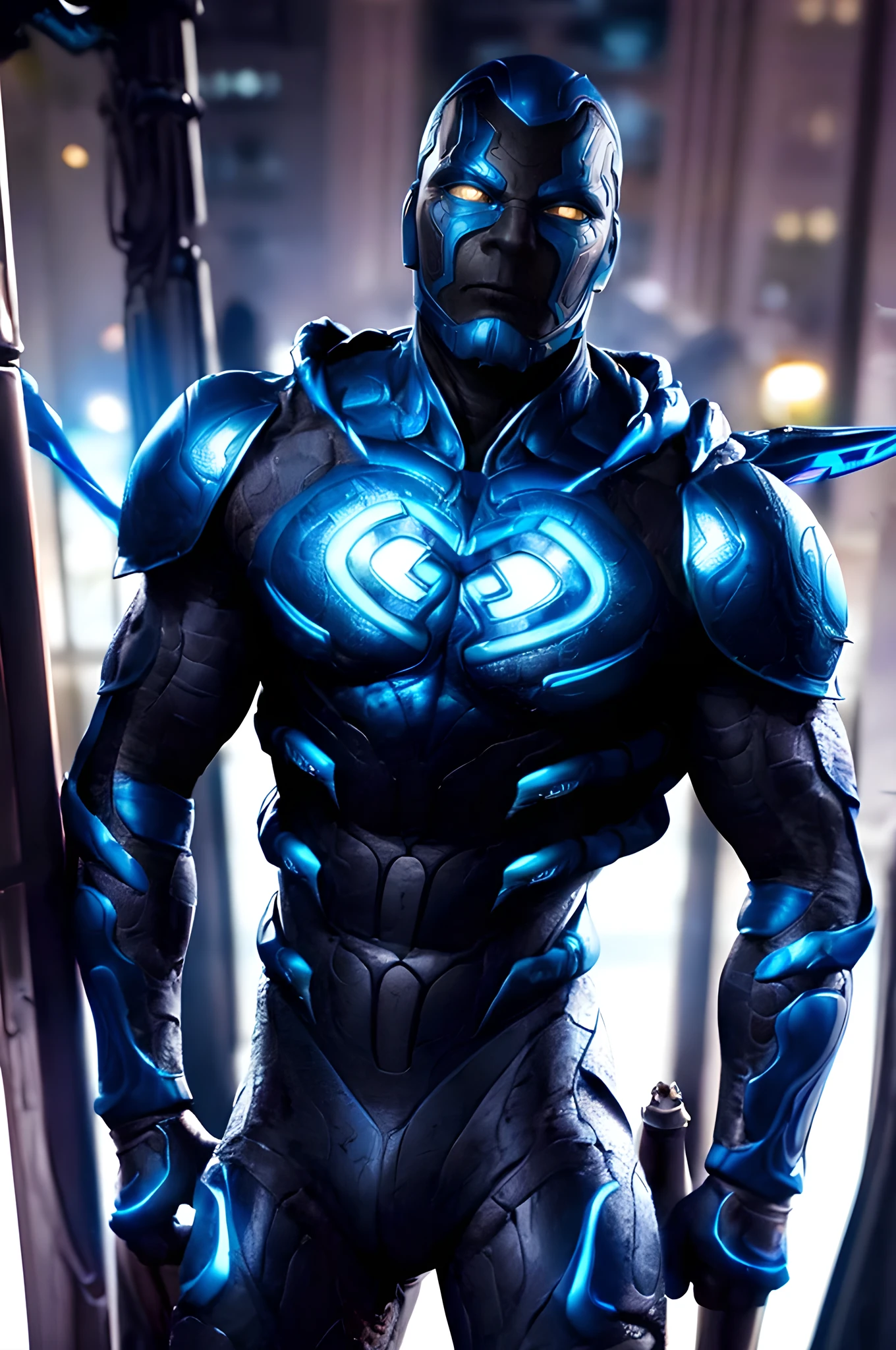 (masterpiece,best quality),absurdres,Blue_Beetle_DC,solo,looking at viewer,cowboy shot,cinematic composition,dynamic pose,detailed face,detailed eyes,detailed muscles,detailed armor,glowing blue energy,advanced technology,futuristic,intricate details,dramatic lighting,vivid colors,cinematic atmosphere,powerful presence,heroic stance