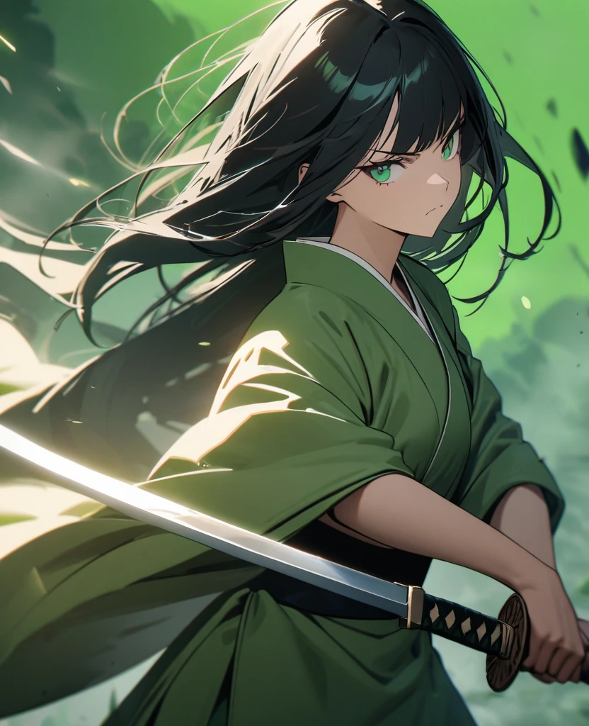 Young woman, perfect anatomic draw, perfect eyes, long black hair, beautiful eyes, straight bangs down, green eyes, beautiful, (green kimono), in the green background, serious face, serious woman, brave pose, fighting with a katana, 8k, high quality, full HD.