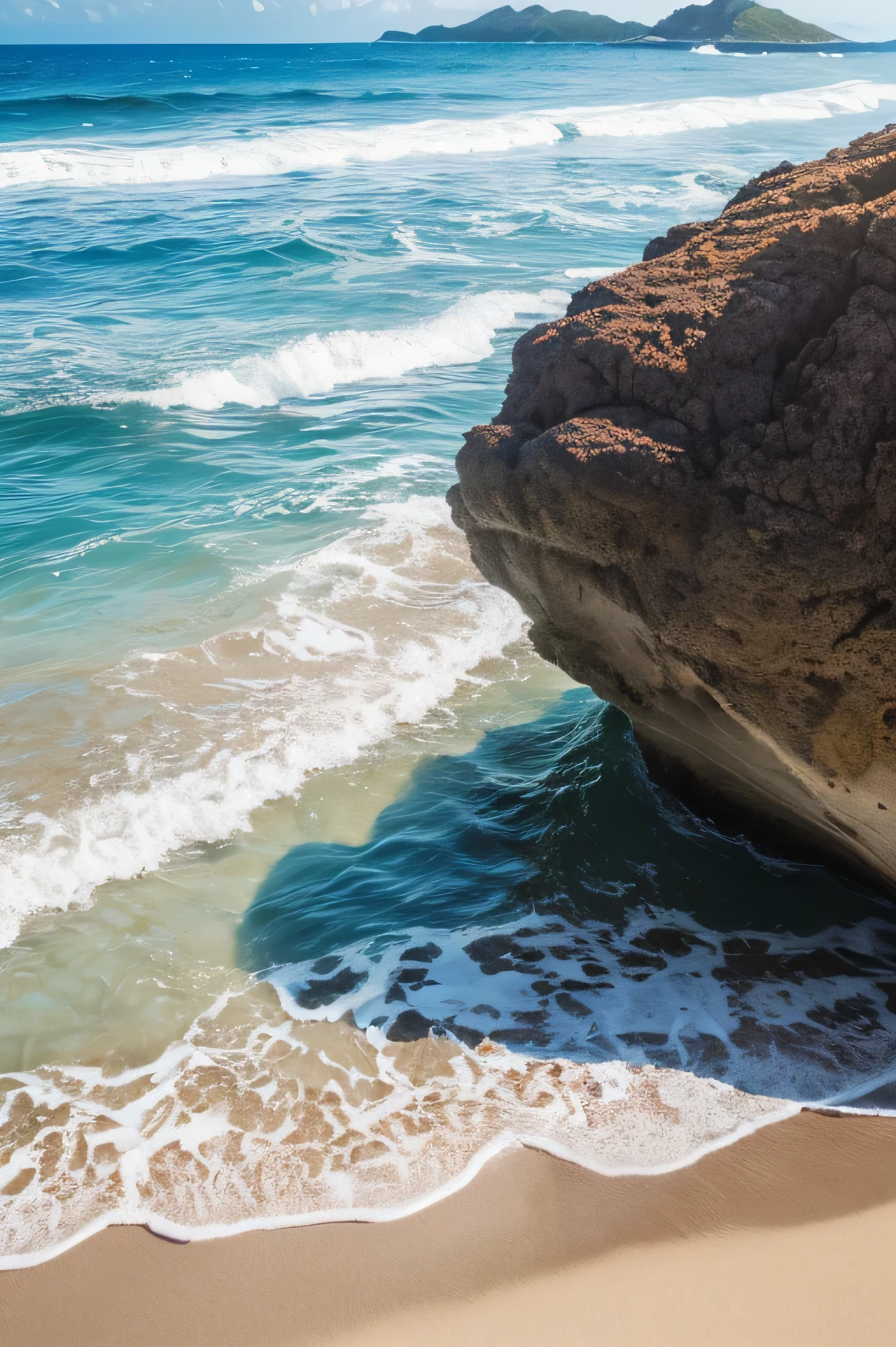 (((8K,High detail,High Detail,masterpiece,Attention to detail))),RAW Photos & Realistic atmosphere,Drawn in detail, photo realistic,((Blurry images))、Sandy Beach、Beach surrounded by rocks、Private beach、blue sea、白いSandy Beach、Gently lapping waves、White water splash、Shallow water、sunny、Summer sunshine