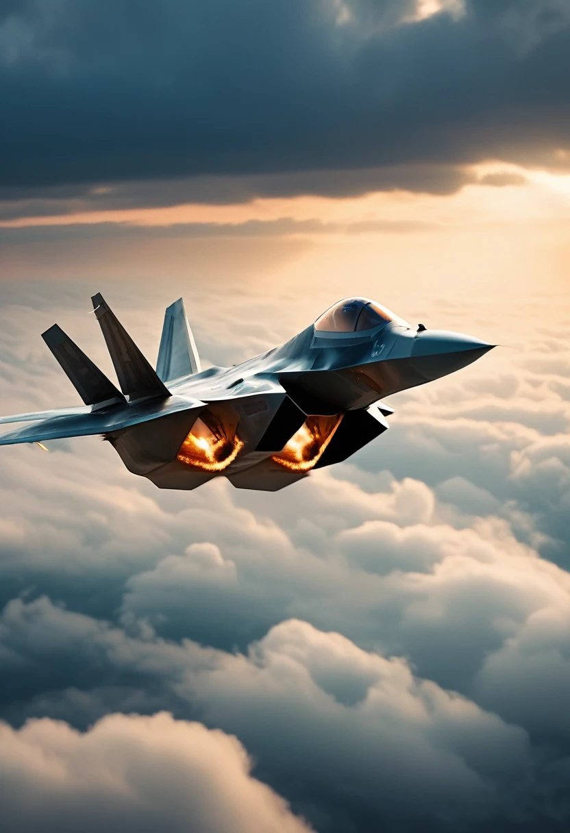 F-22 Raptor Fighter plane flying through cloudy sky, cinematic action camera, exciting epic action camera, masterpiece quality wallpaper, sharp details (masterpiece:1.2) (photorealistic:1.2) (bokeh) (best quality) (intricate) (8k) (HDR) (cinematic lighting) (sharp focus)