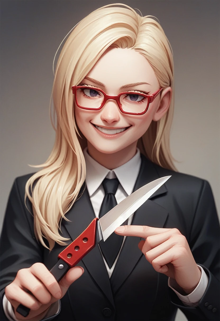 (a blonde woman with long hair smiling), (only the bust), (Black Suit), (Red glasses), (holding a knife and fork), (3d style image).