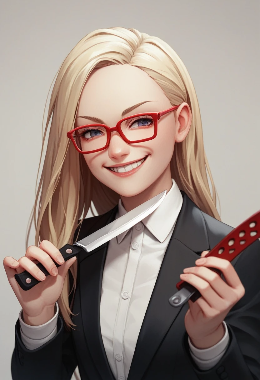 (a blonde woman with long hair smiling), (only the ), (Black Suit), (Red glasses), (holding a knife and fork), (3d style image).