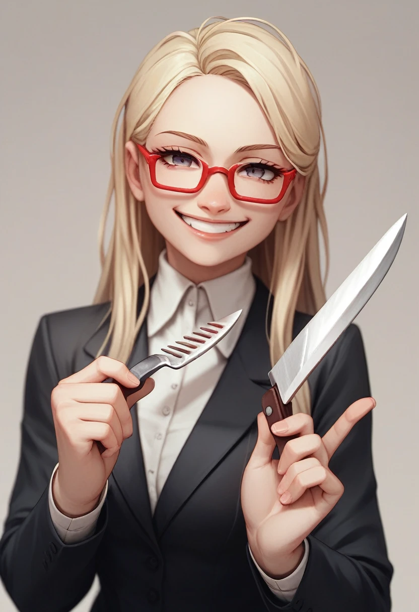 (a blonde woman with long hair smiling), (only the bust), (Black Suit), (Red glasses), (holding a knife and fork), (3d style image).
