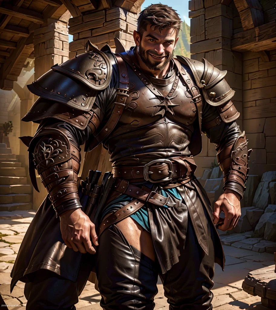 (((Solo character image.))) (((Generate a single character image.)))  (((Dressed in medieval fantasy attire.))) (((Very sexy facial expression.))) Looks like a fun-loving and heroic male adventurer for Dungeons & Dragons.  Looks like a very attractive male adventurer for a high fantasy setting.  Looks like a sexy and mischievous male adventurer for Dungeons & Dragons.  Looks like a very sexy hot guy for a medieval fantasy setting.  (((Looks like he is ready for a wild adventure.))) Looks like a Dungeons & Dragons adventurer, (((very cool and sexy hair style))), (((very hot guy))), (((leather armor))), (((black clothing))), handsome, (((smug smile))), (((very kissable lips))), adventurer, pretty eyes, (((sexy eyes))), athletic build, (((excellent physique))), sexy, confident, (((gorgeous face))), gorgeous body, sexy eyes, detailed and intricate, fantasy setting, game of thrones, fantasy art, dungeons & dragons, pathfinder, warcraft, skyrim, fantasy adventurer, fantasy NPC, (((attractive male in his mid 20's))), Art style by Amanda Conner, Dragons character portrait, intricate details, ultra detailed, ultra detailed clothes, ultra detailed hands, epic masterpiece, ultra detailed, intricate details, trending on Artstation, digital art, unreal engine, 8k, ultra HD, centered image
