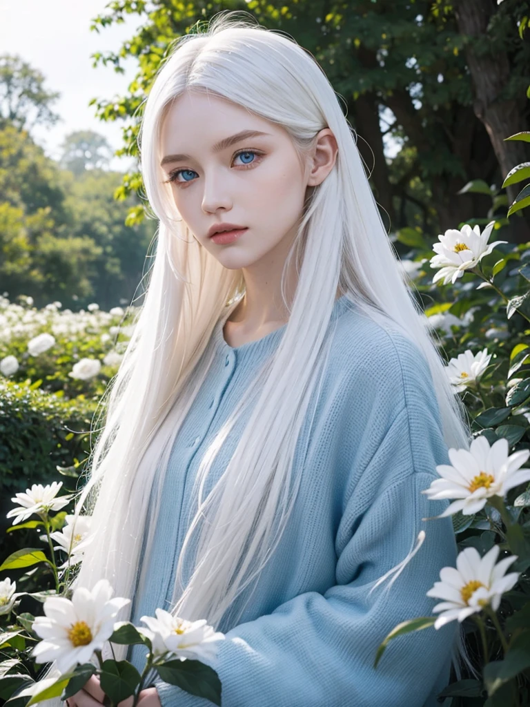 Long white hair, blue eyes, serious features, white skin, loose style, in a garden, with flowers , in the forest