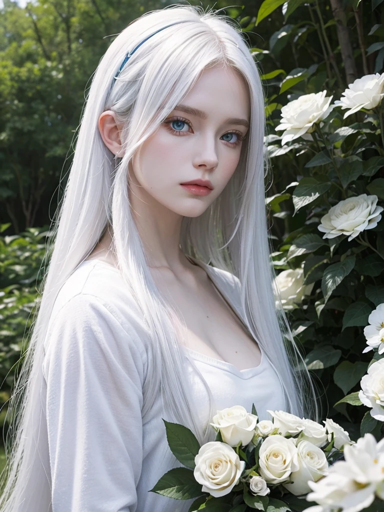 Long white hair, blue eyes, serious features, white skin, loose style, in a garden, with flowers , in the forest 