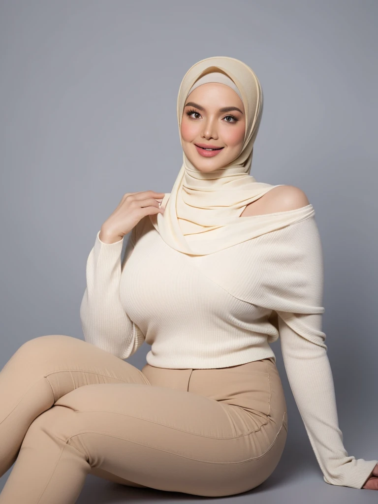 woman, hijab, sweater, dark theme, soothing tones, muted colors, high contrast, (natural skin texture, hyperrealism, soft light, sharp), simple background, slim body with big breast, using off shoulder tight clothes, giant tits, big breast, breast bigger than torso, using white sweater, using black hijab, gigantic breast, gigantic , sweet smiling, sitting while spreading legs, half naked (using sweater, not using pants) naked, half naked, naked with hijab, dark areolas, cleavage