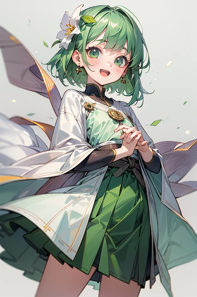 1girl, solo, looking at viewer, cowboy shot, standing, loli, smile, short hair, open mouth, bangs, hair ornament, (white background), jewelry, green eyes, flat chest, flower, earrings, (lime green hair), particles, hair flower, druid, knee length skirt, (Kurta), Celtic clothes, white cape, Cornus florida, (masterpiece), (best quality), (ultra-detailed), (illustration:1.2), (watercolor_painting:1.0), (highly detailed background:1.2), (thick outline), (perfect hands:1.4, two legs), composite lighting, professional shading, high quality textures, perfectly structured, natural proportions, extremely detailed beautiful anime face,