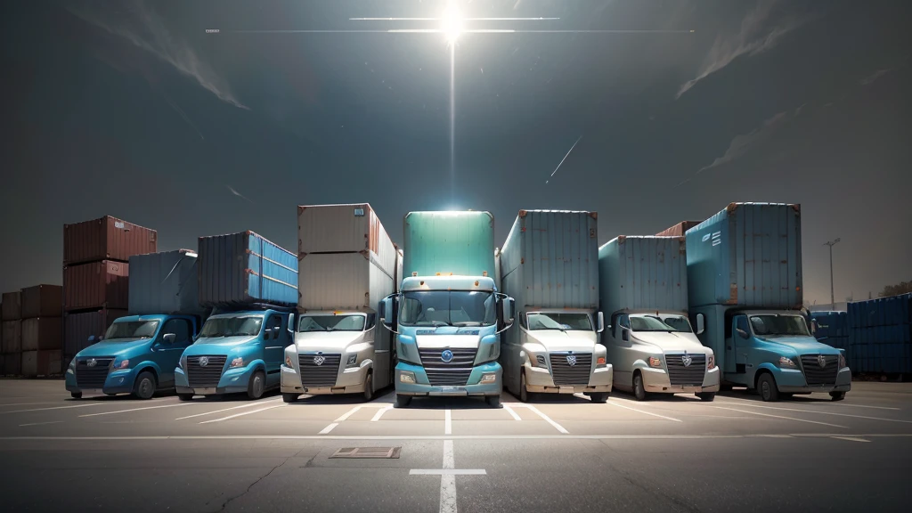 Please generate an illustration of Logistics Navigation. The background should show a world map laid on the ground with several large trucks parked on it and boxes irregularly stacked around. In the sky, add effects indicating GNSS signal reception. The image should depict how GNSS technology helps logistics companies optimize navigation, enhance resource efficiency, and monitor operator behavior, thereby reducing accidents and ensuring vehicle and equipment health. The photo angle can be from the left or right side, but not from the front. The theme should present technology, innovation, and information security. No text on the image. The photo style should be natural, minimalist, sci-fi, bright, and with natural colors.
