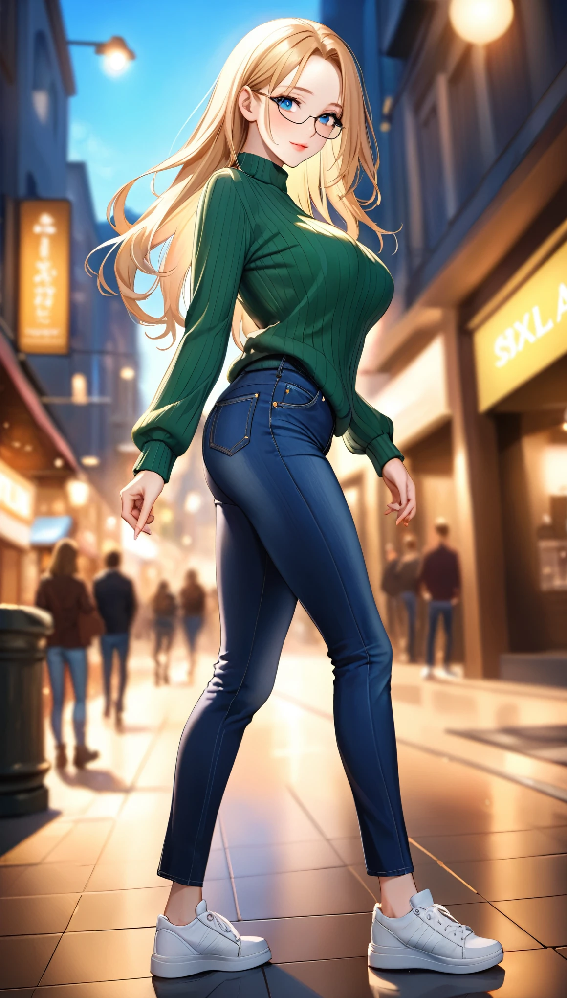 best quality, highres, 8k, masterpiece, immersive atmosphere, chiaroscuro:(1.5, bright light:1.2, luminous lighting), blurring, (background blur:1.5),
(dynamic angle, seductive pose:1.2), outdoors, downtown, (legs focus, full body:1.5), delicate features, (beautiful face, beautiful eyes, beautiful legs), not safe for work, (opaque:1.5), high contrast, SDXL,
1girl, (25 years old:1.5), white skin, blue eyes, reading glasses, blonde hair, straight hair, long hair, (forehead:1.2), bright lips, seductive smile, (slender figure:1.1), (green sweater:1.2), large breast, (hard nipples), (jeans pants:1.2, blue jeans:1.4, skinny jeans:1.2), (white sneakers:1.2),