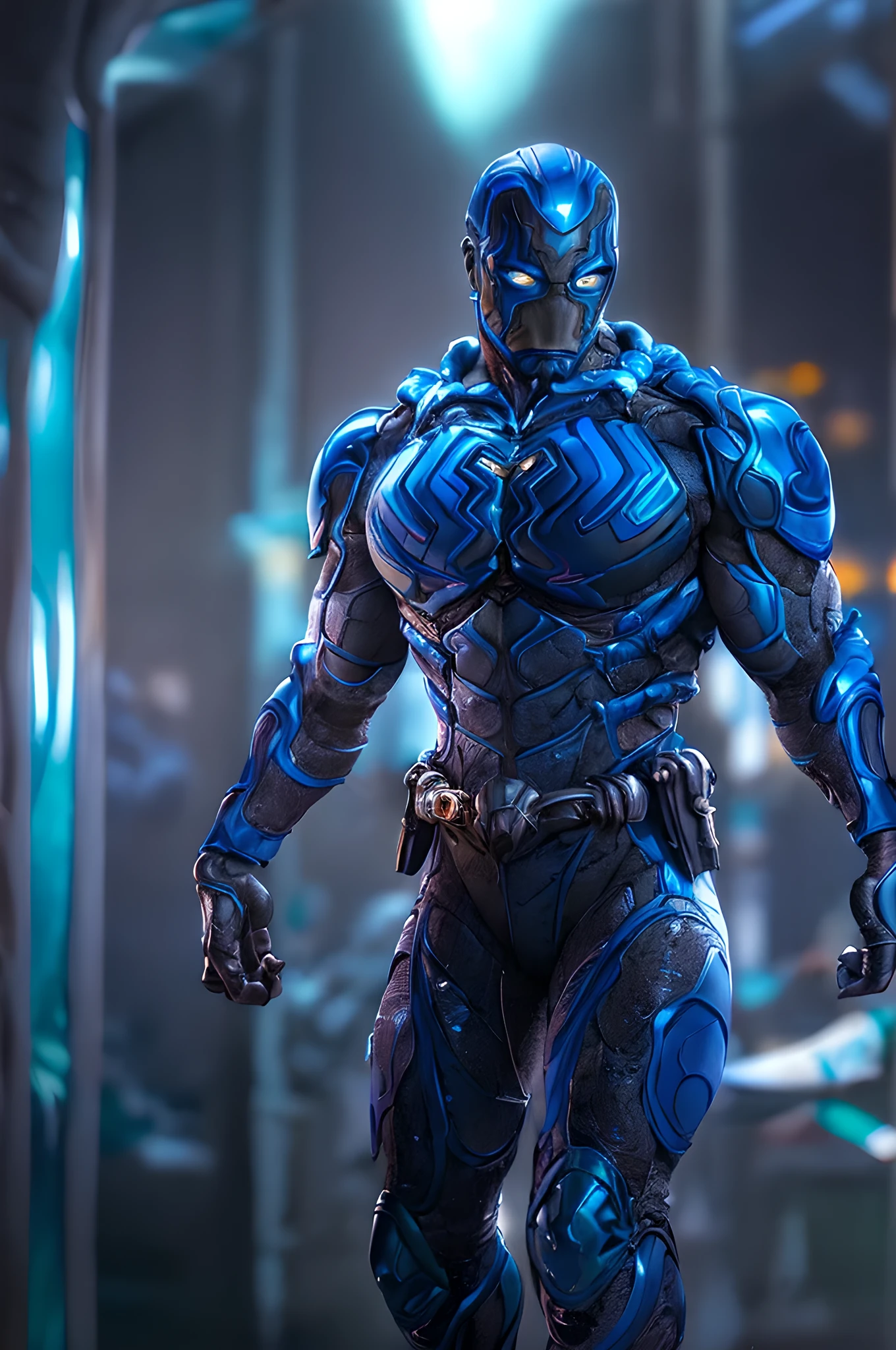 (masterpiece,best quality),absurdres,Blue_Beetle_DC,solo,looking at viewer,cowboy shot,cinematic composition,dynamic pose,detailed face,detailed eyes,detailed muscles,detailed armor,glowing blue energy,advanced technology,futuristic,intricate details,dramatic lighting,vivid colors,cinematic atmosphere,powerful presence,heroic stance