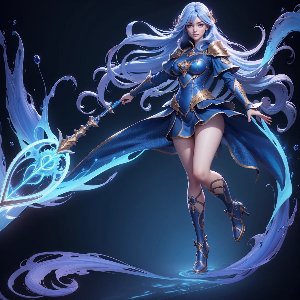 Beautiful eyes Artificial Empathy, she has this big beautiful wand, ((full body view)),((blue fire power art)) , quality rendering, 8k resolution UHD, with transparent background, highly detailed, has blue silky smooth long hair, blue detailed outfit dress with high socks, wearing magic shoes.