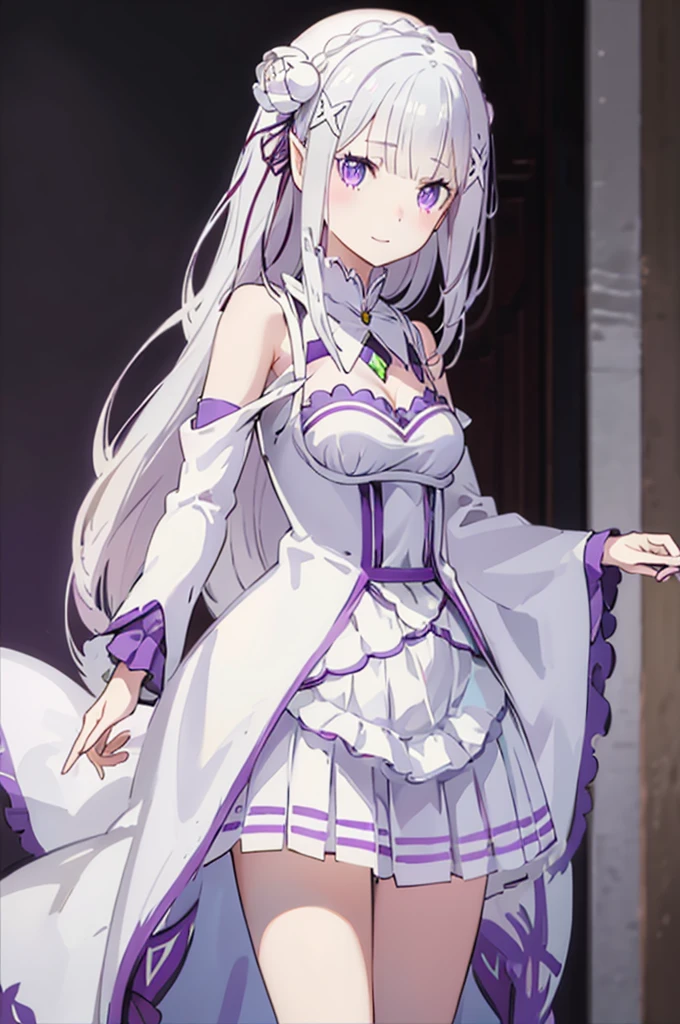 emilia,
Rezero emilia,
1girl,
best illustration, masterpiece, best quality, (anime screencap:0.8), (official art:0.7),
perfect anatomy, nice hands, perfect hands, BREAK long hair, low-tied long hair, braid, crown braid,
white hair,
(purple eyes:1.2), (beautiful detailed eyes:1.6),
looking at viewer,
pointy ears,
BREAK smile,
dress, pink dress, BREAK bare shoulders, detached collar, long sleeves, shoulder cutout, wide sleeves, white sleeves,
medium breasts,
zettai ryouiki,
flower, hair flower, hair ornament, hair ribbon, white flower, x hair ornament,
cowboy shot ,
perfect lighting,
background of indoor,