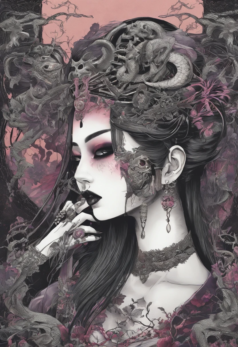 traditional japanese emp eldritch horror geisha Anthropomorphic savage geshia skinhead, hairgoth, emo goth spikey fashion shoot editorial style, Hypebeast ultra fast fashion gang signs with goth emo accessories slithery slimey long snake tongue tongue out
