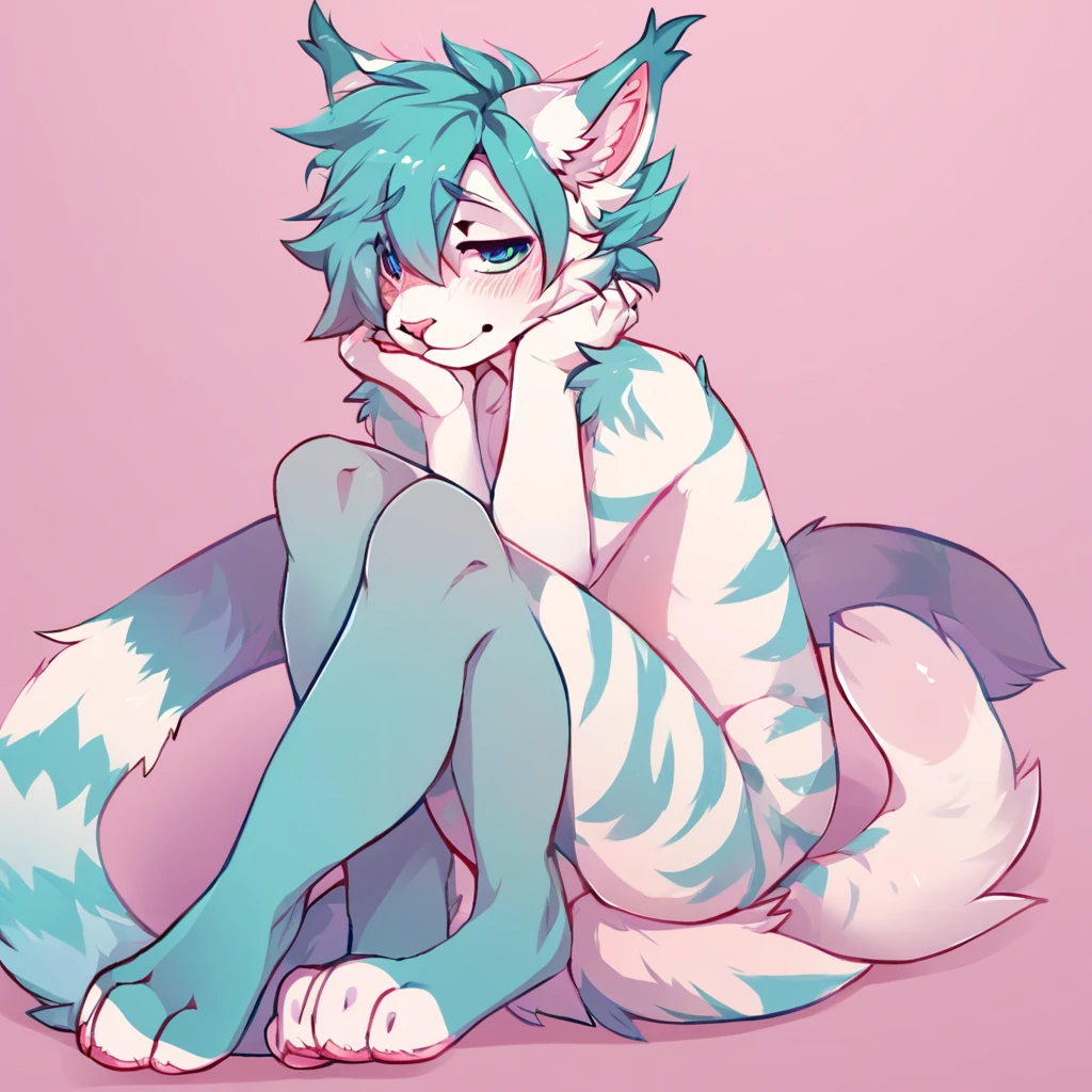 adult, feline, mammal, anthro, anthromorphic, cat, striped, fur, furred_anthro, femboy, male, blue, ear_tufts, purple, paws, hair_tuft, hair_between_eyes, long_tail, fluffy, expressive_eyes, blue/teal_hair, light looking_at_viewer, blue_fur, shy, small_pupils, spotted_pattern, stripes, tiger_stripes, digital_art, high_resolution, high_res, background, shy, posing, laying_down, pink_paws, paws, cute_background, pink_background