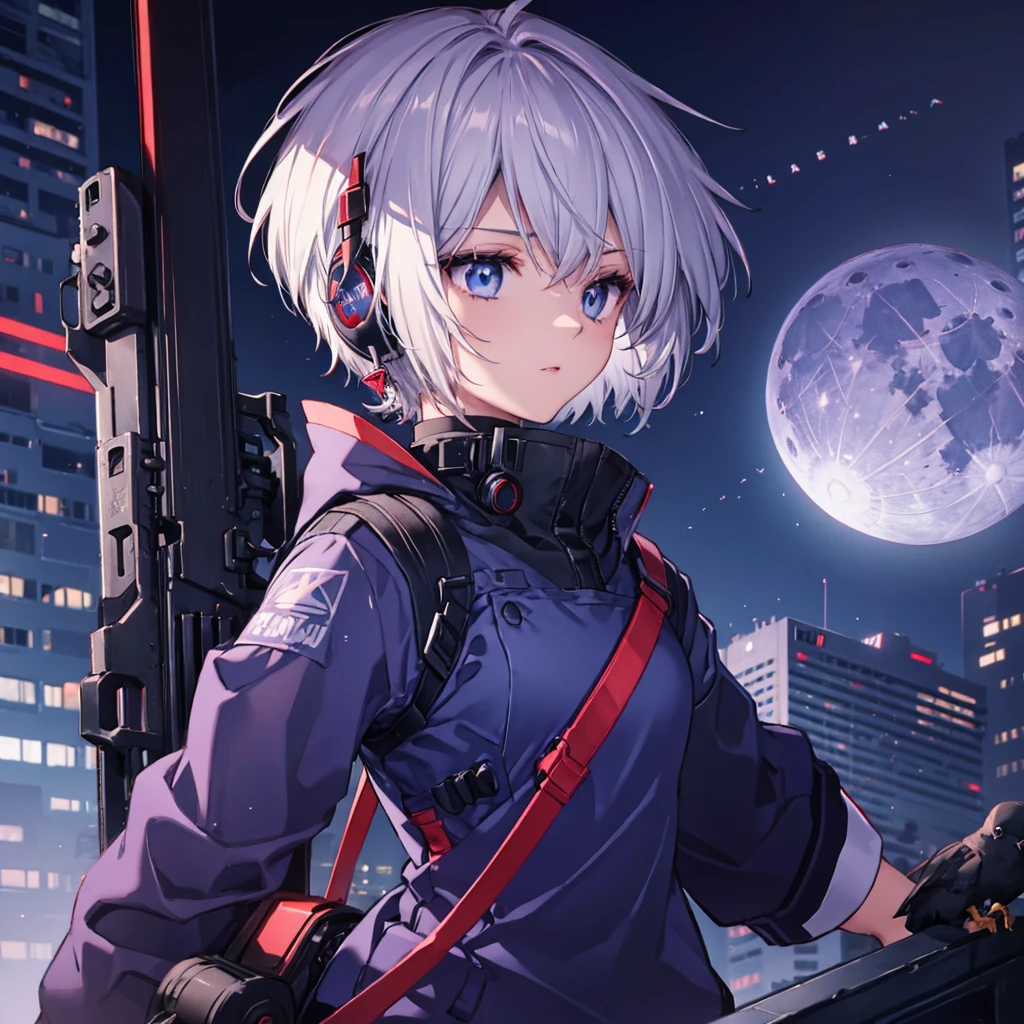 ((Gray Hair　Short Hair　blue eyes　sniper rifle)，((Crow　night　Red full moon))，(rooftop　Drop shoulder　Sailor suit　cyber punk　Shiny Earrings　Purple light)，　Sweat　A tense look　Also々funny Face　Headphones