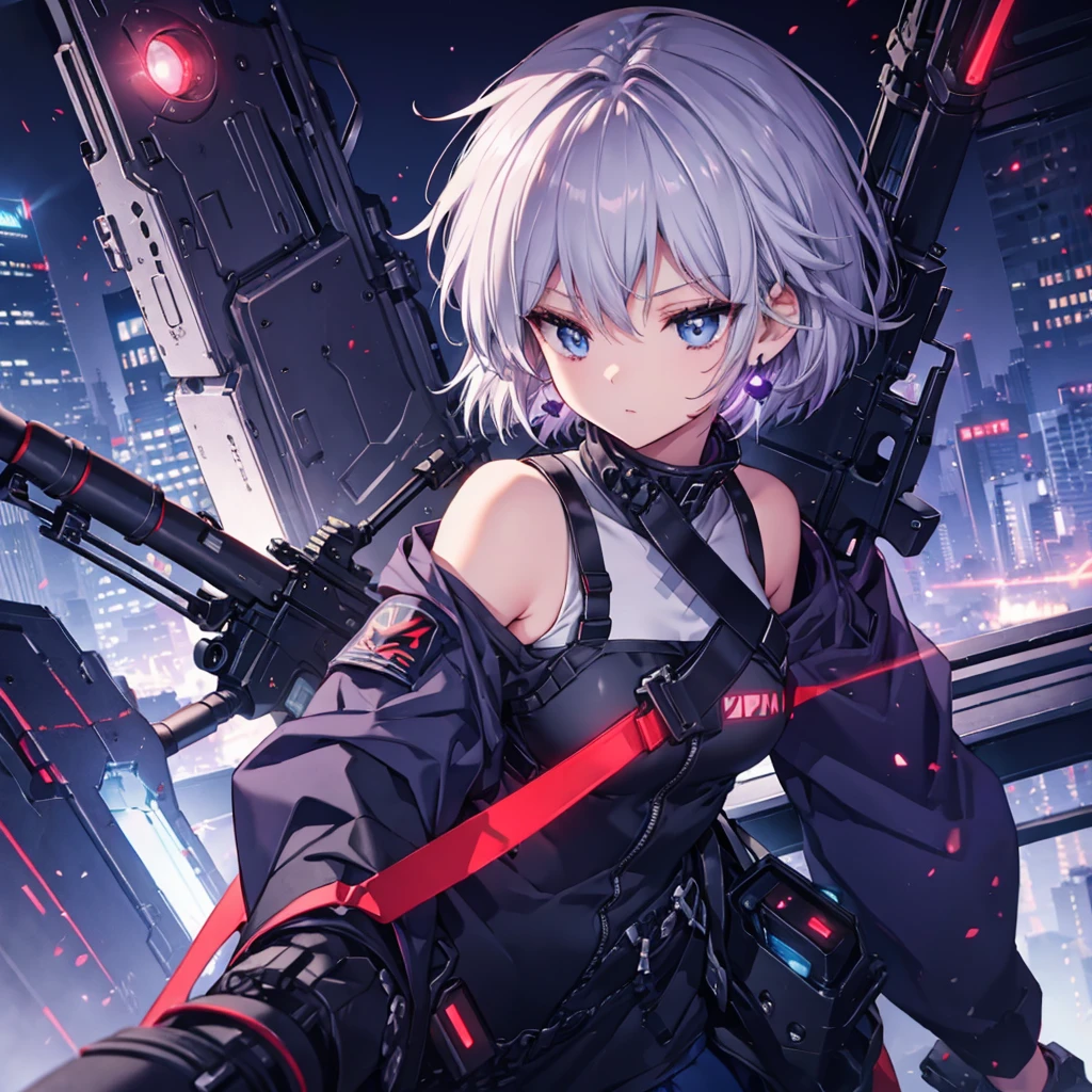 ((Gray Hair　Short Hair　blue eyes　sniper rifle)，((Crow　night　Red full moon))，(rooftop　Drop shoulder　Sailor suit　cyber punk　Shiny Earrings　Purple light)，　Sweat　A tense look　Also々funny Face　Headphones