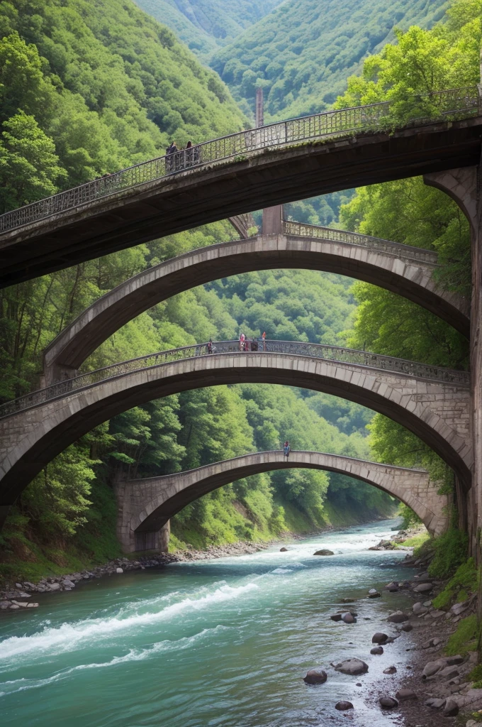 Landscape with river passing through the middle of two mountains bridge over the river passing from one mountain to another