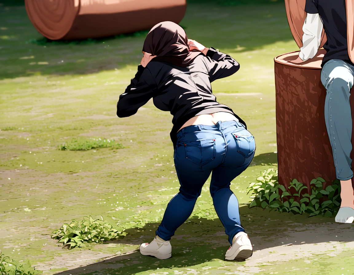 Girl wearing Hijab & shirt, her black low rise jeans slipping down, her hands on her head, accidentally showing buttcrack, close view, view from behind 