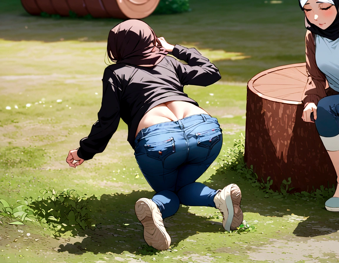 Girl wearing Hijab & shirt, her black low rise jeans slipping down, her hands on her head, accidentally showing buttcrack, close view, view from behind 