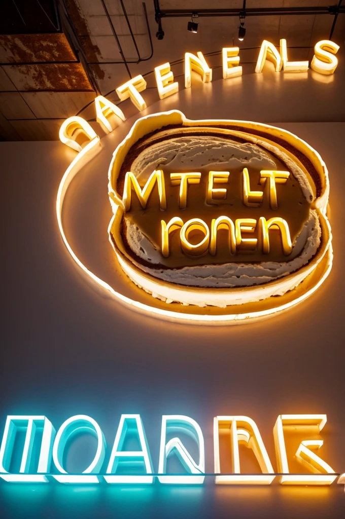 A gigantic image of a white ice cream with cinnamon on top and phosphorescent letters and a motivating message for customers 