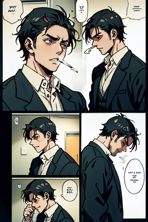 Guy with short black hair smoking, relieved face after crying, manga page with panels and dialogue