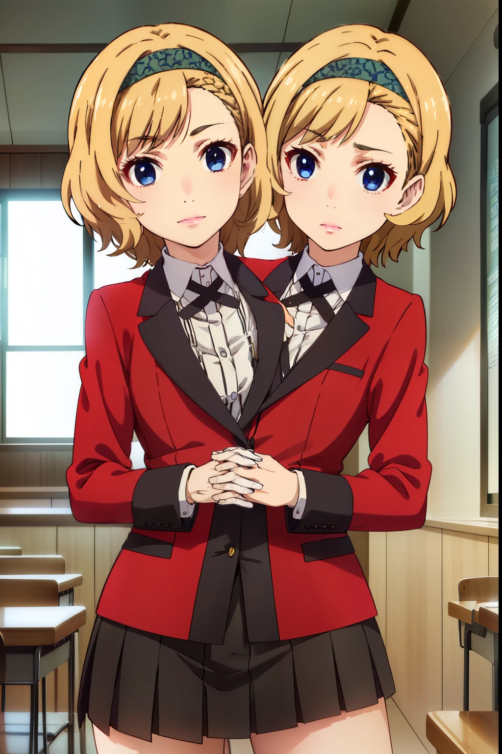 itsukisumeragi, itsuki sumeragi, short hair, blue eyes, blonde hair, braid, hairband, smile,
BREAK skirt, shirt, , jacket, white shirt, pleated skirt, collared shirt, black skirt, blazer, (red jacket:1.5),
BREAK indoors, classroom,
BREAK looking at viewer, (cowboy shot:1.5),
BREAK (masterpiece:1.2), best quality, high resolution, unity 8k wallpaper, (illustration:0.8), (beautiful detailed eyes:1.6), extremely detailed face, perfect lighting, extremely detailed CG, (perfect hands, perfect anatomy), conjoined_dicephalus, (two heads:1.3)