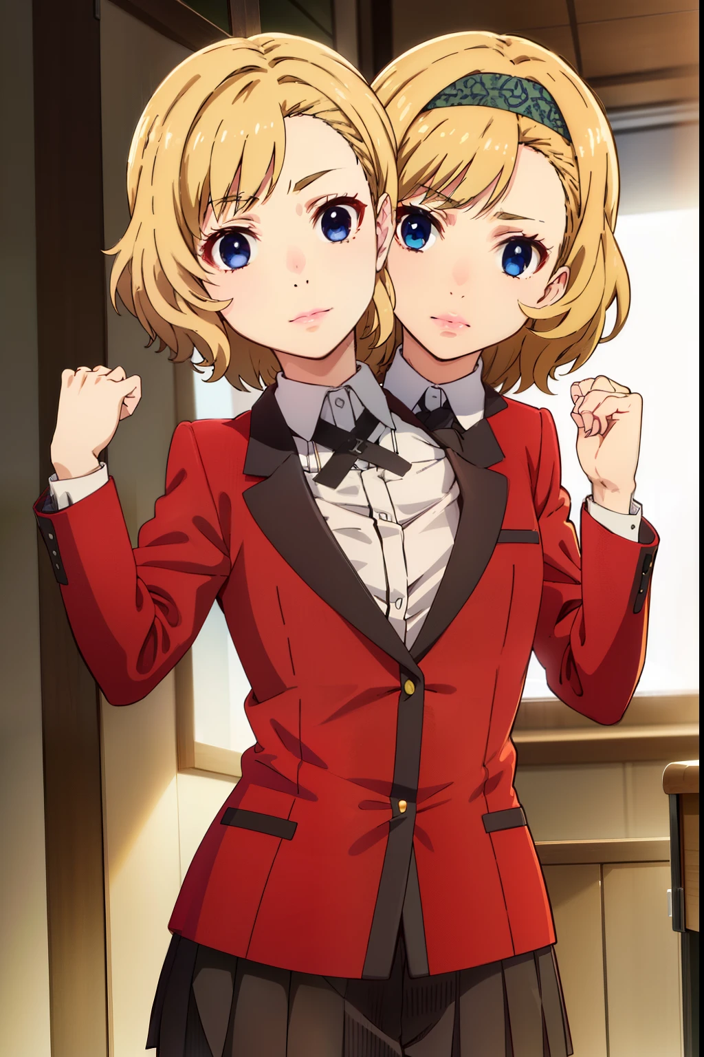 itsukisumeragi, itsuki sumeragi, short hair, blue eyes, blonde hair, braid, hairband, smile,
BREAK skirt, shirt, , jacket, white shirt, pleated skirt, collared shirt, black skirt, blazer, (red jacket:1.5),
BREAK indoors, classroom,
BREAK looking at viewer, (cowboy shot:1.5),
BREAK (masterpiece:1.2), best quality, high resolution, unity 8k wallpaper, (illustration:0.8), (beautiful detailed eyes:1.6), extremely detailed face, perfect lighting, extremely detailed CG, (perfect hands, perfect anatomy), conjoined_dicephalus, (two heads:1.3)