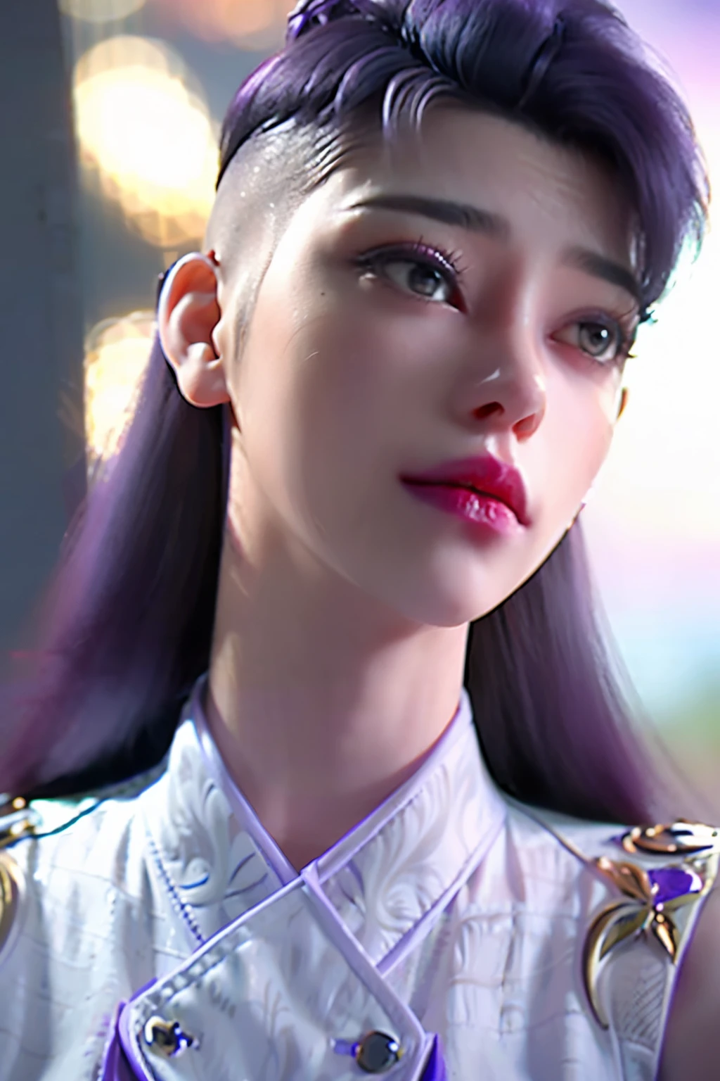 (hi-top fade:1.3), length purple hair, close up 