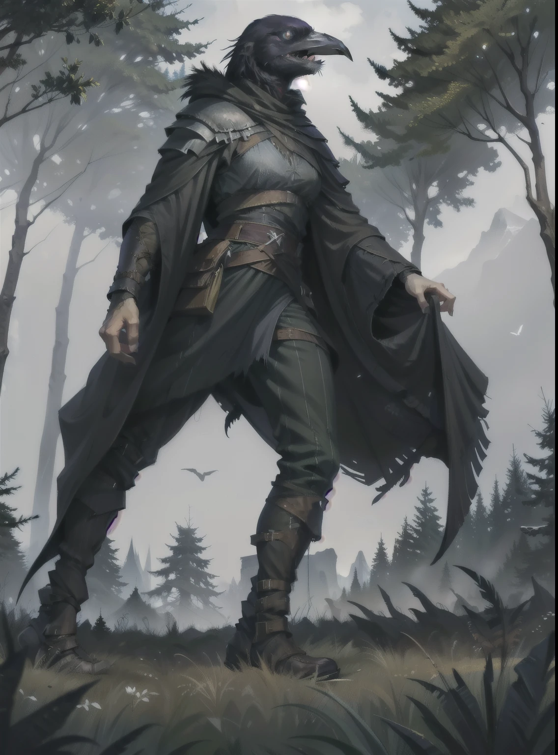 I want a human character, with raven on shoulder and black medieval clothes,in a hunting position, with a look of looking for something, in the middle of the forest, showing the whole body, but walking. little crow on the shoulder