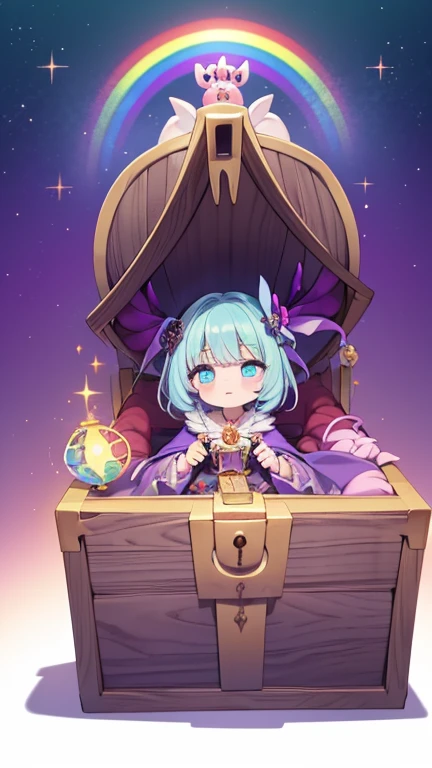 (Monster disguised as a treasure chest), (Cute Monster), Disguised as a treasure chest, Cast a spell, witch, mimic, wonderful, dream-like, Soft Focus, Rainbow Light, Glowing Scales, pastel colour, Sparkling, attractive, wonderful, Beautiful horror, 