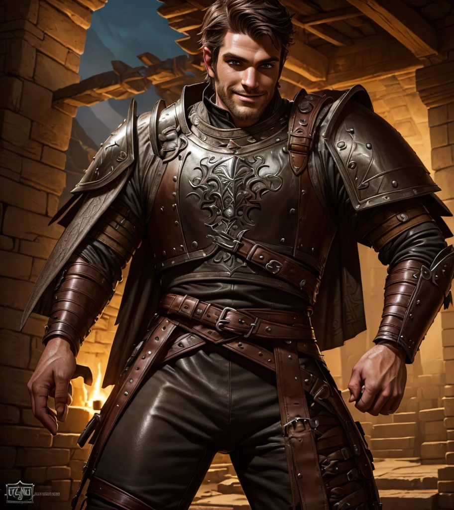 (((Solo character image.))) (((Generate a single character image.)))  (((Dressed in medieval fantasy attire.))) (((Very sexy facial expression.))) Looks like a fun-loving and heroic male adventurer for Dungeons & Dragons.  Looks like a very attractive male adventurer for a high fantasy setting.  Looks like a sexy and mischievous male adventurer for Dungeons & Dragons.  Looks like a very sexy hot guy for a medieval fantasy setting.  (((Looks like he is ready for a wild adventure.))) Looks like a Dungeons & Dragons adventurer, (((very cool and sexy hair style))), (((very hot guy))), (((leather armor))), (((black clothing))), handsome, (((smug smile))), (((very kissable lips))), adventurer, pretty eyes, (((sexy eyes))), athletic build, (((excellent physique))), sexy, confident, (((gorgeous face))), gorgeous body, sexy eyes, detailed and intricate, fantasy setting, game of thrones, fantasy art, dungeons & dragons, pathfinder, warcraft, skyrim, fantasy adventurer, fantasy NPC, (((attractive male in his mid 20's))), Art style by Amanda Conner, Dragons character portrait, intricate details, ultra detailed, ultra detailed clothes, ultra detailed hands, epic masterpiece, ultra detailed, intricate details, trending on Artstation, digital art, unreal engine, 8k, ultra HD, centered image
